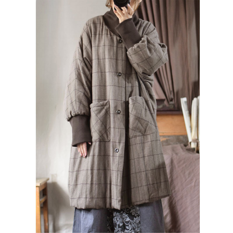 Original Designer New Low Saturation Plaid Linen Cotton Threaded V-Shaped Stand Collar Quilted Quilted Cotton Coat 25044