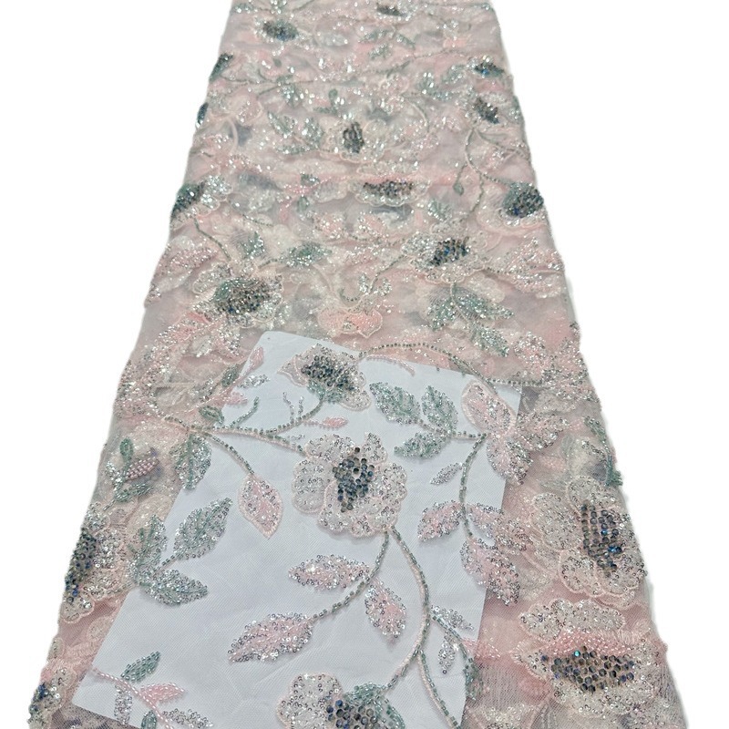 Industria pesada lujosa lenteja tubo de perlas tela bordada de encaje comercio exterior transfronterizo vestido de boda francés vestido de moda tela de falda