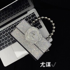 法式復古閃亮不靈水鑽石盒子宴會玫瑰花朵金色珍珠手拿斜挎小方包