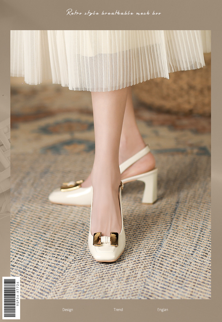 Sandal nữ mùa hè gót dày vuông mũi bao đầu khóa kim loại quai ngang lưng rỗng — Hồng mâm xôi chi tiết 1