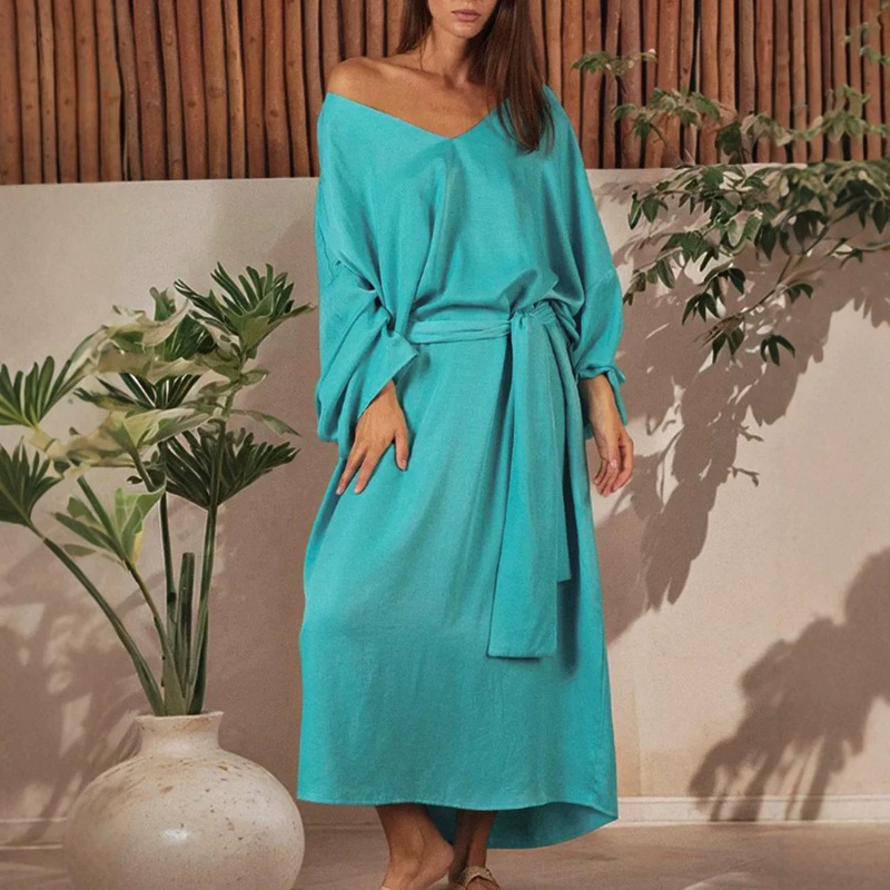 2026 Autumn One-Size-Fits-All Loose Dress Solid Color V-Neck Gown Long Dress Women's Clothing European and American Cross-Border Quiet Luxury for Multiple Occasions 2026 Autumn One-Size-Fits-All Loose Dress Solid Color V-Neck Gown Long Dress Women's Clothing European and American Cross-Border Quiet Luxury for Multiple Occasions
