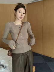 小众显瘦镂空长袖针织衫女2025春秋修身设计感别致百搭打底上衣潮