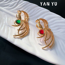 中古vintage西洋复古黄铜电镀真金天堂鸟凤凰孔雀锆石高品质胸针