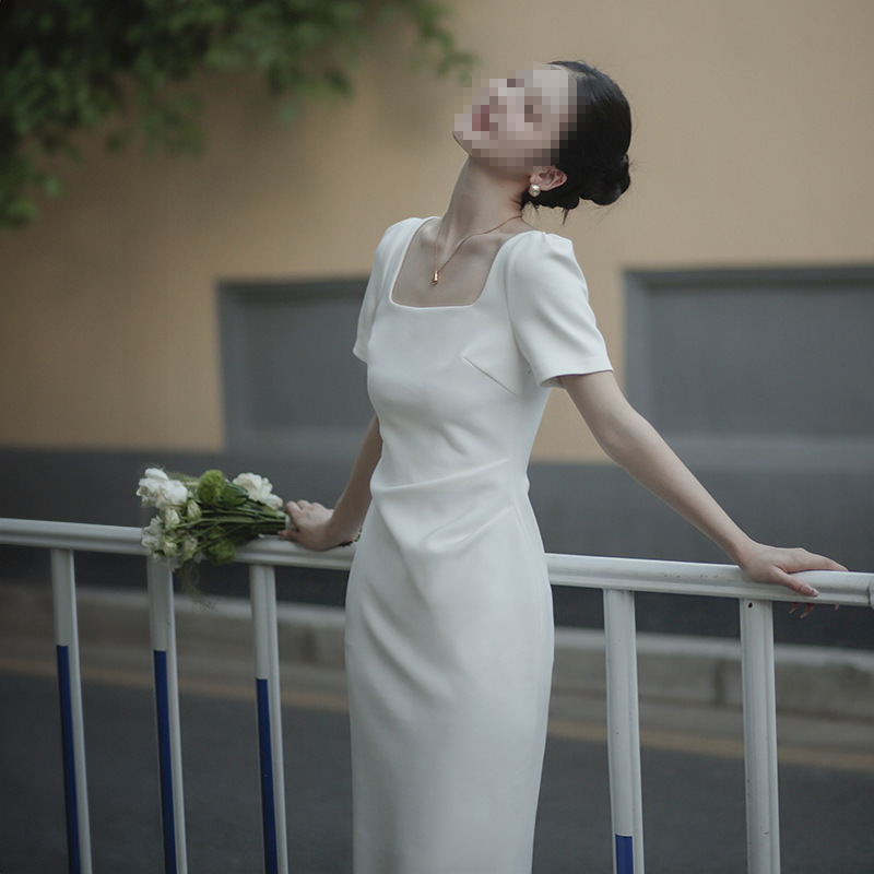Light Wedding Dress 2026 New Style French Square Neck Short Sleeve Slim Fit Stretchy Long Dress for Marriage Registration Engagement High-End Evening Gown for Women Light Wedding Dress 2026 New Style French Square Neck Short Sleeve Slim Fit Stretchy Long Dress for Marriage Registration Engagement High-End Evening Gown for Women