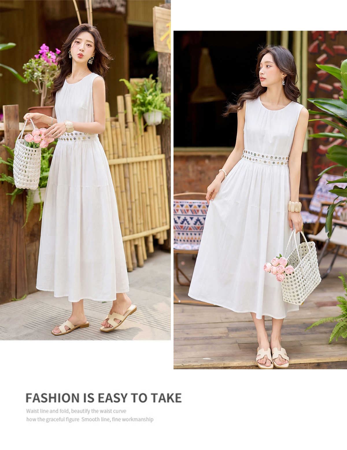 Đầm suông nữ midi không tay dáng rộng dài quá gối MJ5611 — màu trắng, xanh lá cây, màu vàng chi tiết 20