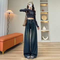 设计感可调节腰扣阔腿牛仔裤女秋冬新款复古高腰宽松显瘦阔腿长裤