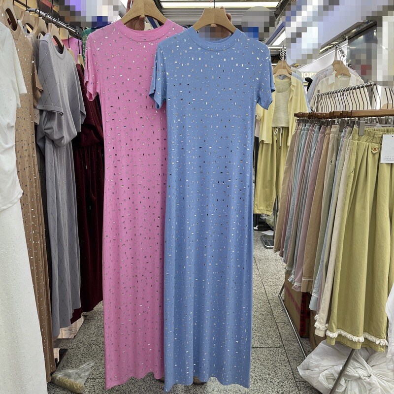 Cross-Border Foreign Trade Women's European and American Pure Lust Style Heavy-Duty Hot Diamond Sparkling Diamond-Encrusted Short-Sleeved Hip-Covering Long Dress