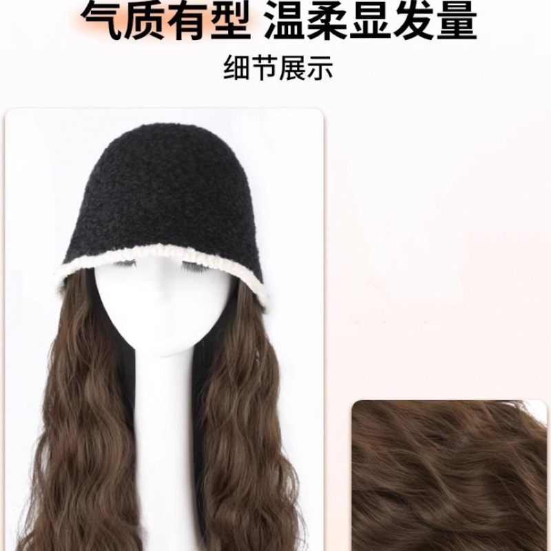 新しい帽子とウィッグが一体化したファッショナブルな長い巻き毛の厚みのある秋と冬の漁師の帽子水の波紋ウールの巻き毛のウィッグ帽子|undefined