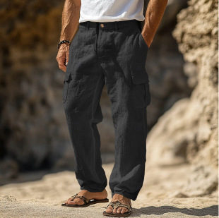 Men's Linen Trousers, Spring, Summer and Autumn Trousers, Multi-Pocket Straight, Comfortable, Breathable, Full Length, Outdoor Daily