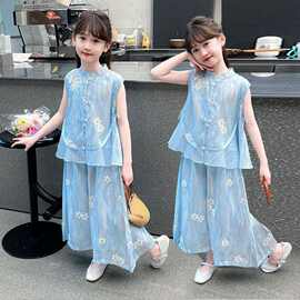 女童2025夏季印花无袖套装新款中式阔腿裤国风上衣两件套汉服潮款