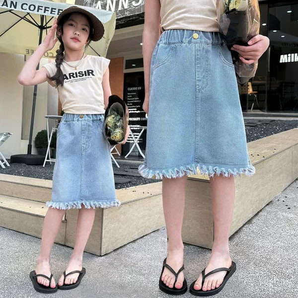 European and American Style Girls' Frayed Denim Skirt Children's Summer Short Skirt Cross-Border Big Kids Summer Princess Denim Half Skirt