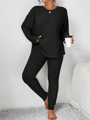 Autumn and winter solid color round collar, long-sleeved, pitch-strip top and fashionable casual pants two-piece suit oversized