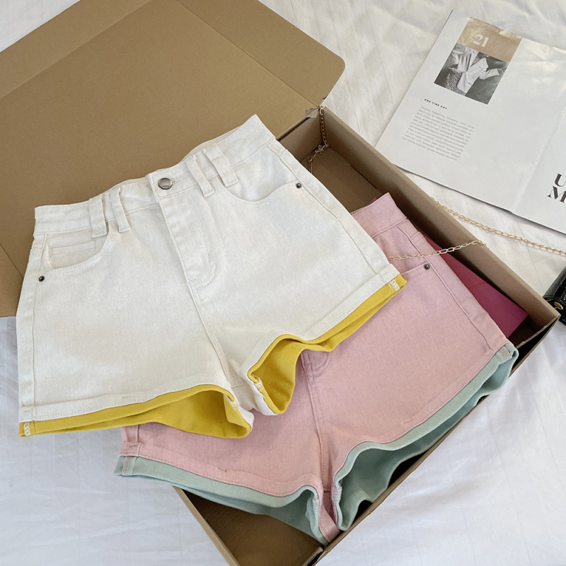 Real Shot of Korean Style Spicy Girl Face Bottom Two-Color Cuffed A-Line High-Waisted Slimming Look Leg-Lengthening Denim Shorts for Women