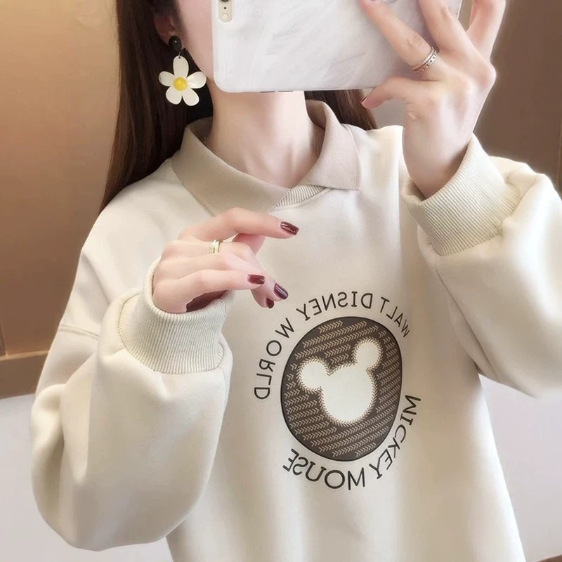 Polo collar autumn 2026 new style faux two-piece fleece-lined women's sweatshirt top, loose, fashionable, trendy and popular Polo collar autumn 2026 new style faux two-piece fleece-lined women's sweatshirt top, loose, fashionable, trendy and popular