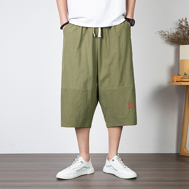 トレンディなブランドの男性用クロップドパンツ、リネンショートパンツ、無地の中国風紳士服、ルーズストレートビーチパンツ、トレンディなコットンとリネンのパンツ|undefined
