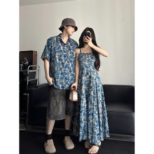Couple's Summer Short-Sleeved Shirt, Men's Seaside Resort Style Floral Long Skirt, Women's French Dress, One Dress and One Skirt, Trendy
