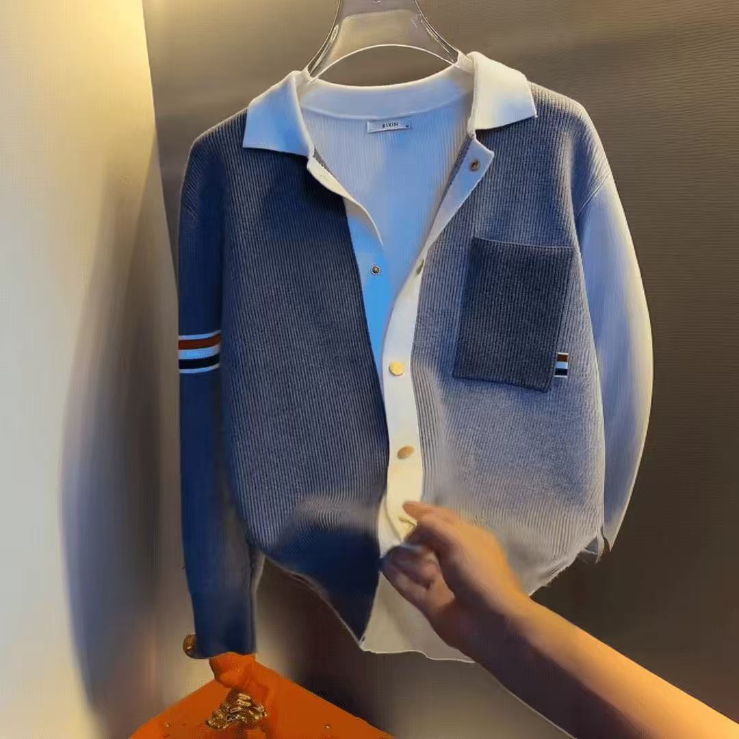 Long-Sleeved Colorful Striped Knitted Cardigan Top for Men Spring & Fall 2025 New Baseball Style Lapel Casual Color Matching Sweater