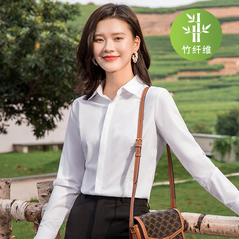 Bamboo Fiber Stretch White Shirt Women's Long-Sleeved Professional Formal Workwear Business No-Iron Anti-Wrinkle Slim Shirt