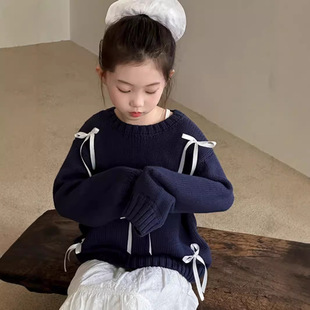 Korean Children's Clothing Design Short Sweater 2025 New Children's Clothing Age-Reducing Versatile Autumn Bow Knitted Top