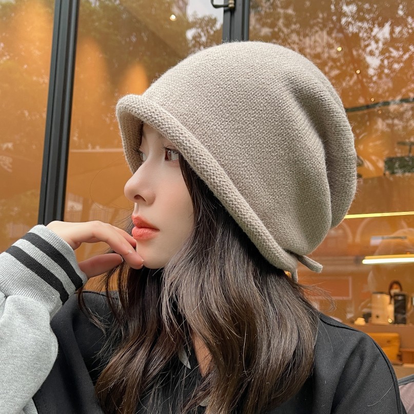 抽绳卷边睡帽时尚百搭帽子女显脸小大头围遮脸宽松针织毛线堆堆帽