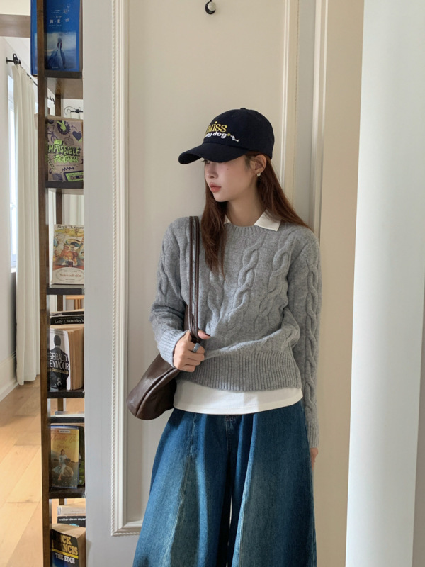 GAGD 绞花圆领拼接长袖羊毛针织毛衣女 韩系套头百搭显瘦毛衣上衣|undefined