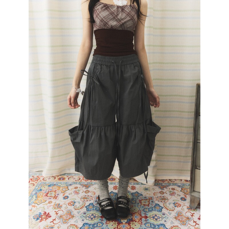 Cross-Border Trade Retro Summer Casual Shorts with Drawstring, Women's Pocket Cargo Capri Pants, Pleated Wide-Leg Pants for Girls