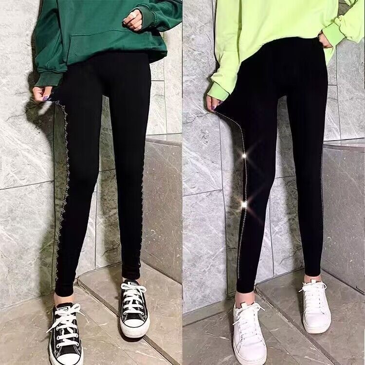 Leggings ajustados de modal, estilo grueso con adornos de pedrería resistentes, leggings de cintura alta para mujer, estilo delgado para uso exterior.