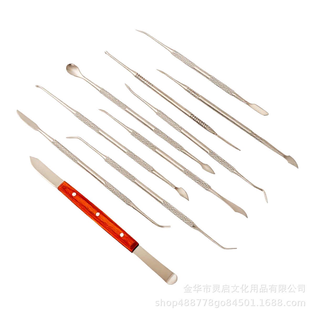 Venta al por mayor de herramientas de arcilla de acero inoxidable juego de diez piezas de herramientas de tallado de arcilla de cerámica juego de tallado de mango de madera de arcilla de cerámica