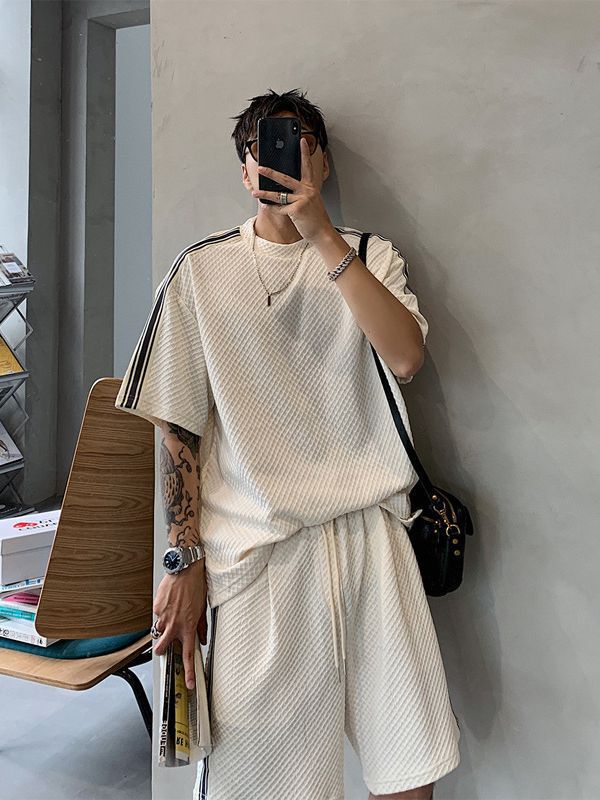 Waffle Short-Sleeved T-Shirt Shorts Sports Casual Suit Men's Summer Handsome Men's Clothing Complete Set of Handsome Wear Matchinging