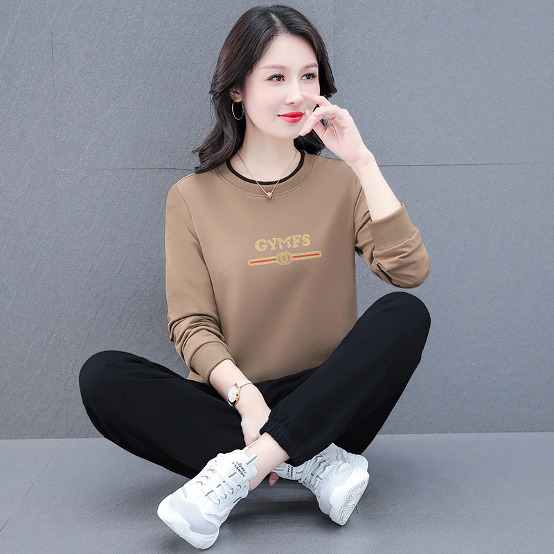 High Cotton Middle-Aged Mother's Fashion Casual Sports Suit Women's Spring and Autumn Round Neck Sweatshirt and Jogger Pants Two-Piece Set