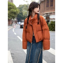 橘色羽绒服毛线帽ins风2023冬新短款面包服宽松韩版小个子外套女