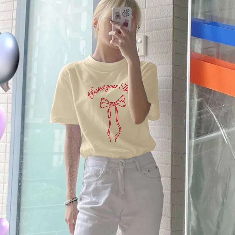 Apricot summer design cotton short sleeve T-shirt with bow