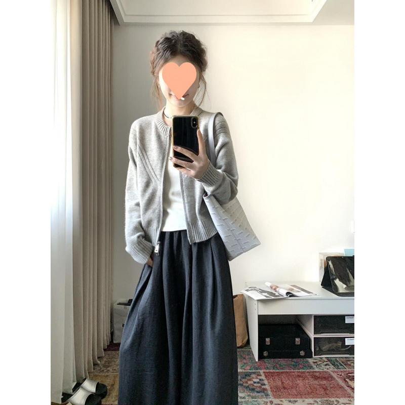 小个子针织开衫灰色毛衣外套女初秋季2025新款百搭慵懒风拉链上衣|undefined