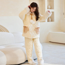 三层夹棉睡衣睡袄女士甜美开衫冬季加绒加厚保暖可外穿家居服棉袄