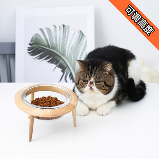 Glass Cat Bowl High Foot Protection Cervical Spine Cat Food Bowl Cat Dog Cat Basin Drinking Water Bowl Pet Ceramic Bowl Solid Wood Rack