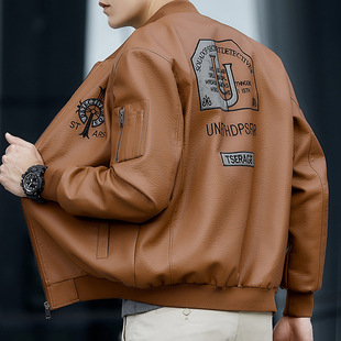 Spring and Autumn Leather Men's New Loose Biker Leather Jacket Spring and Autumn Fashion Brand Korean Style Fashionable Baseball Suit Collar Coat