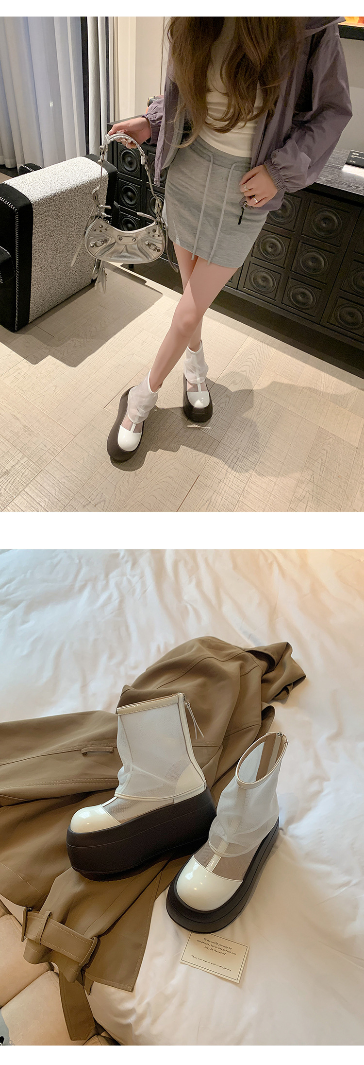 Boot lưới nữ mùa hè đế xuồng cao gót 9 cm — màu đen, màu trắng chi tiết 10