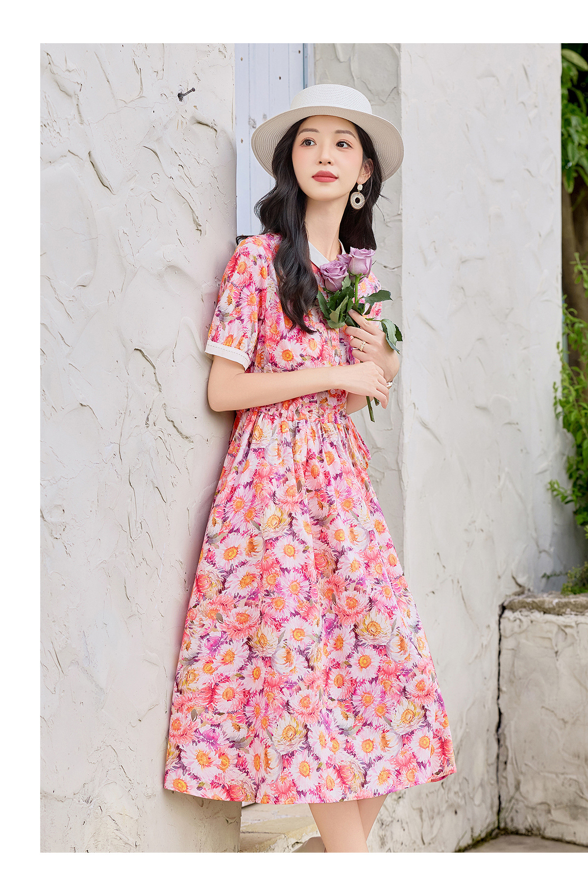 Đầm maxi nữ thắt eo họa tiết hoa nhí dáng suông rộng tay ngắn — màu đỏ chi tiết 18
