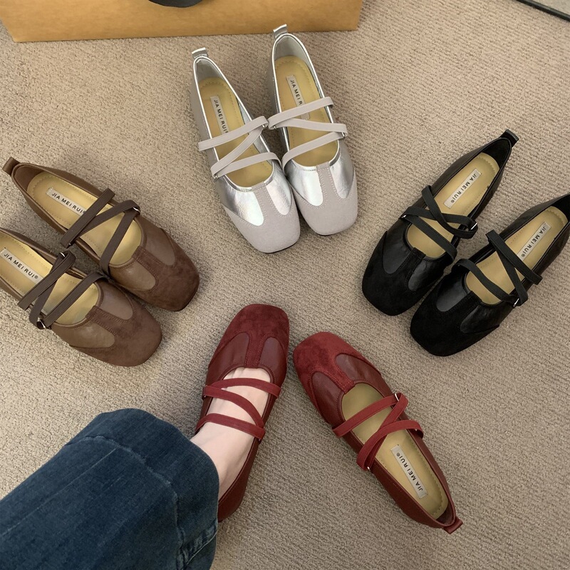 Korean-Style Square-Toe Patchwork Cross-Strap Ballet Mary Jane Shoes, French Niche Soft-Soled Slip-On Evening Shoes for Women