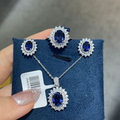 クラシック戴妃モデルブルー育成ロイヤルブルーサファイアセットS925銀金メッキ指輪ピアスネックレス女性