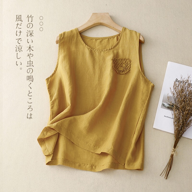 Clearance Linen Camisole for Women, Thin Style, Loose Fit, Round Neck, Cotton-Linen Sleeveless Top, Yellow Clearance Linen Camisole for Women, Thin Style, Loose Fit, Round Neck, Cotton-Linen Sleeveless Top, Yellow