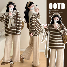孕妇装套装秋冬澳绒慵懒宽松条纹复古软糯上衣＋加厚花边裤子