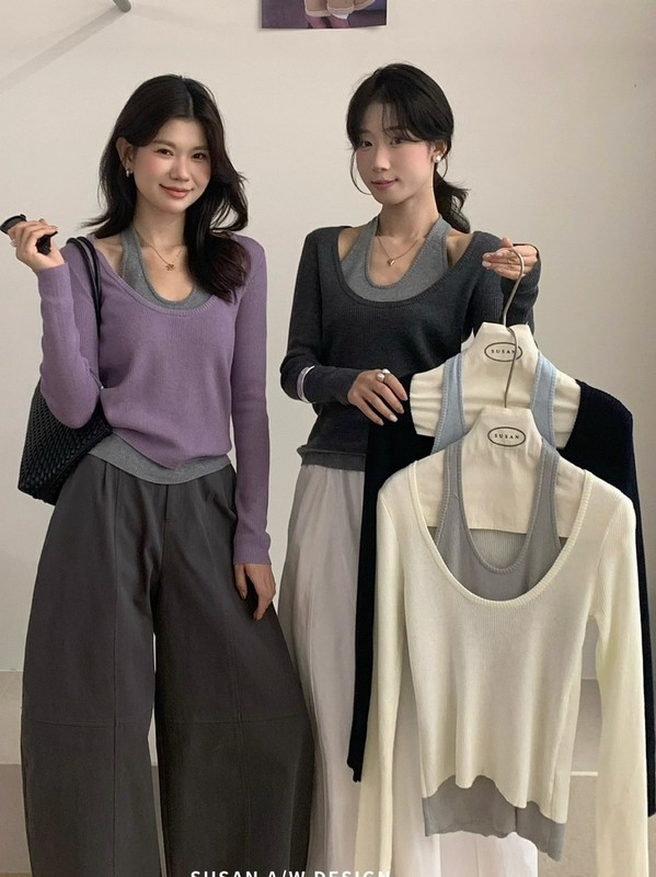韩版简约假两件拼接挂脖针织衫女秋季2025新款显瘦别致百搭上衣潮|undefined