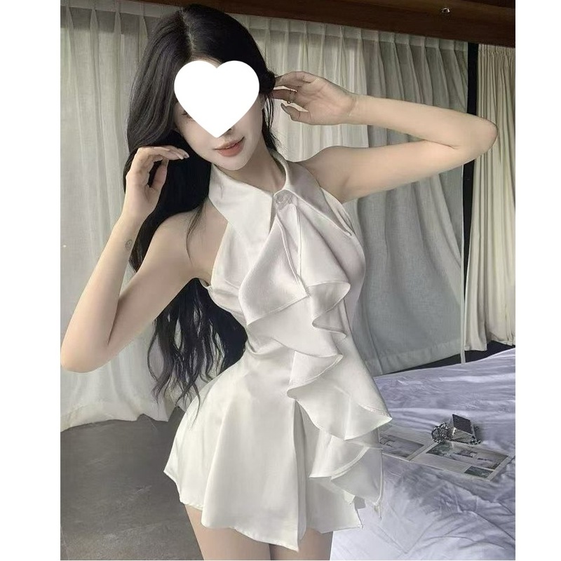温柔风甜美荷叶边无袖衬衫上衣女夏法式气质中长款收腰修身衬衣裙|undefined