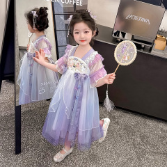 漢服の女の子の夏のワンピース2025の新型の子供の時代のスカートの小さい女の子の国風の王女の糸のスカートは超仙です。