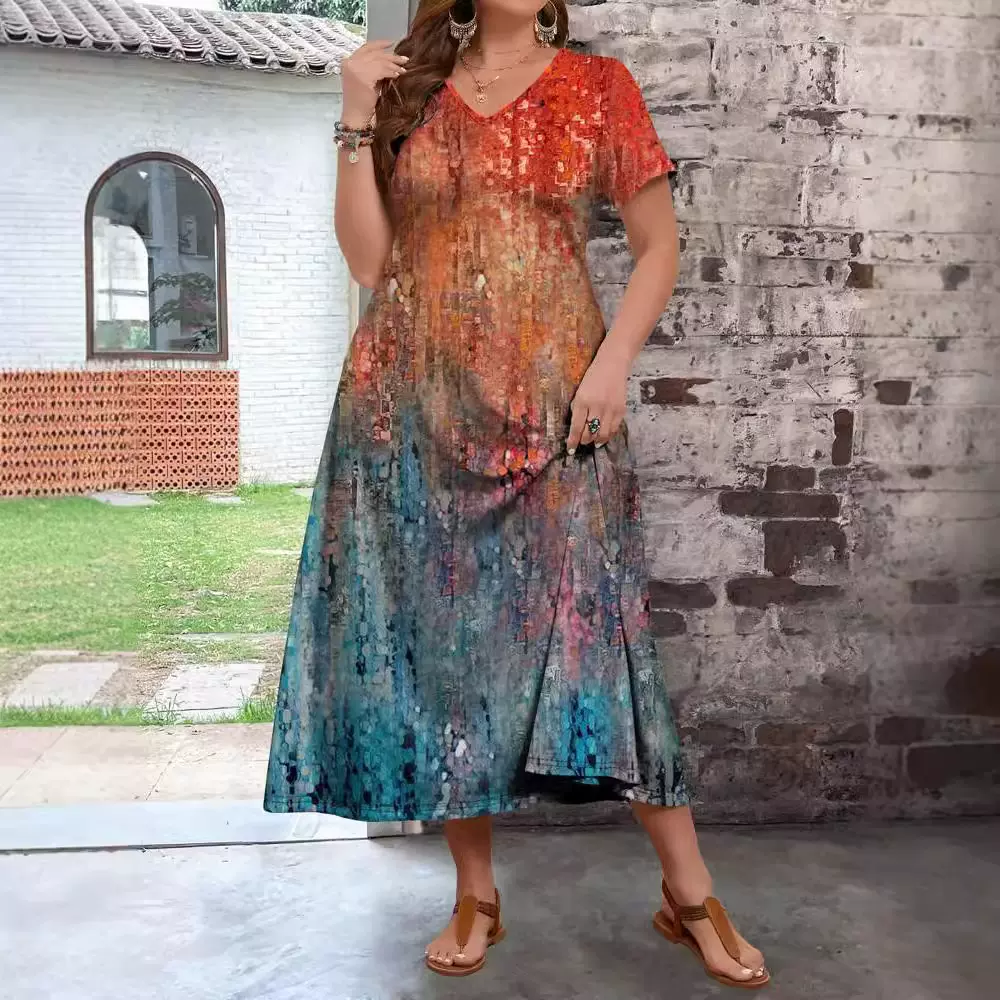 2025跨境亚马逊欧美大码新款夏季长裙女装V领宽松连衣裙现货