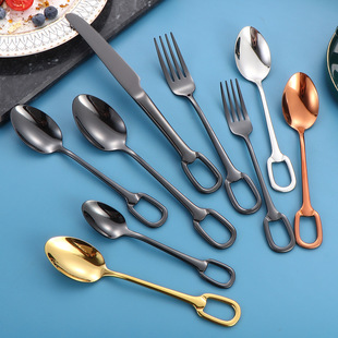 304 Stainless Steel Tableware Hanging Hole Knife and Fork Spoon Creative Ring Buckle Western Steak Knife and Fork Spoon Dessert Spoon suit
