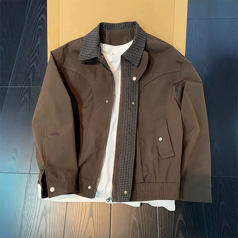 Old Money Style Vintage Brown-Coffee Color Men's Jacket, Autumn Trendy Brand, High-End Plaid Patchwork American Pilot Jacket Old Money Style Vintage Brown-Coffee Color Men's Jacket, Autumn Trendy Brand, High-End Plaid Patchwork American Pilot Jacket