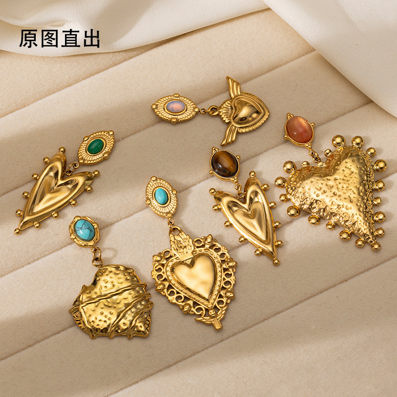 TENA estilo francés antiguo amor colgante de piedra natural pendientes de lujo ligero retro acero inoxidable orejas doradas para mujeres