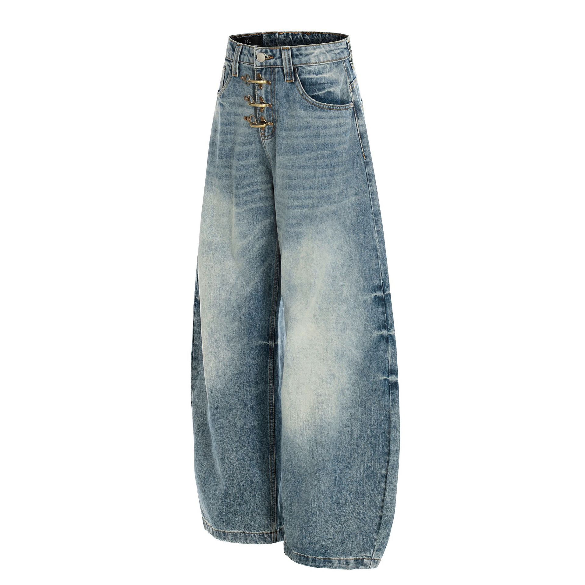 Vintage Distressed Flared Denim Jeans High Street Cotton Blend_voghion.com